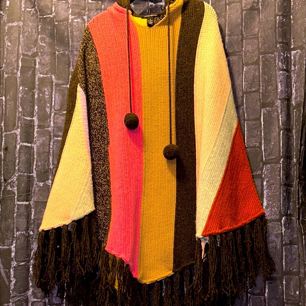 Lucky Brand Color-Block Striped Hooded Poncho Pom Fringes Sweater Weather BOHO M